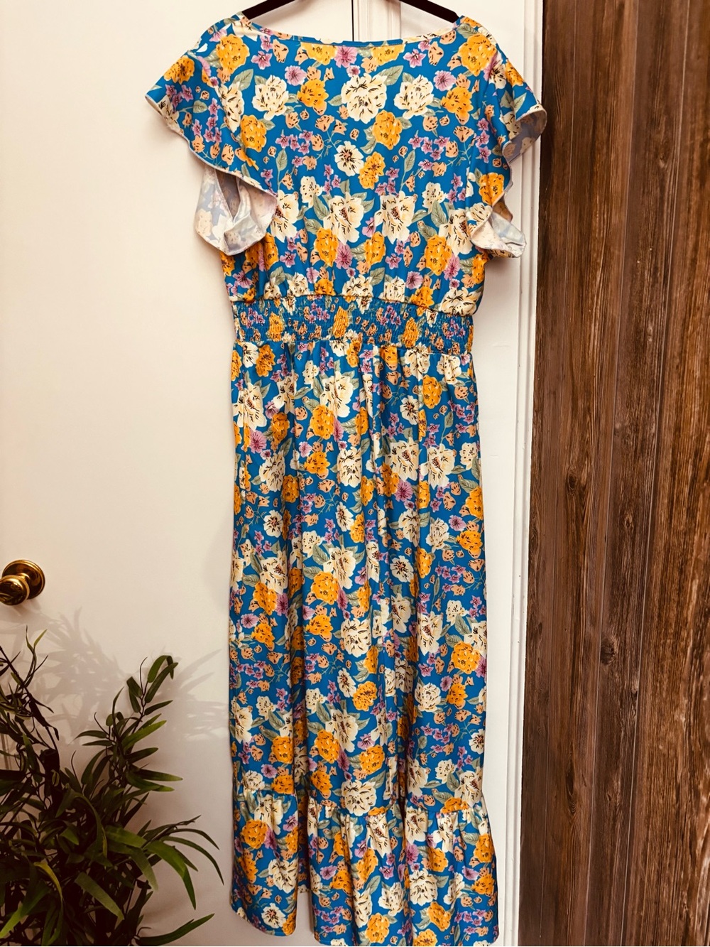 Wonens Blue Floral Maxi Dress with Flutter Sleeves